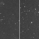 Left: The horizontal white line points to the new nova. Right: The same region of space seen four days earlier, sans nova.